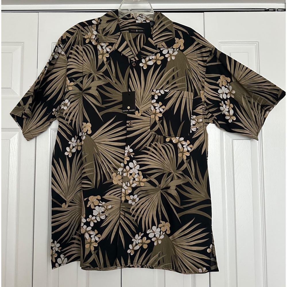 NWT‎ Cotton Traders Mens LT Tropical Palm Cotton Button Down Shirt Black